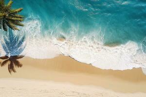 AI generated Top view aerial image from drone of an stunning beautiful sea landscape beach with turquoise water with copy space photo