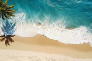 ai generado parte superior ver aéreo imagen desde zumbido de un maravilloso hermosa mar paisaje playa con turquesa agua con Copiar espacio foto