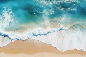 ai generado parte superior ver aéreo imagen desde zumbido de un maravilloso hermosa mar paisaje playa con turquesa agua con Copiar espacio foto