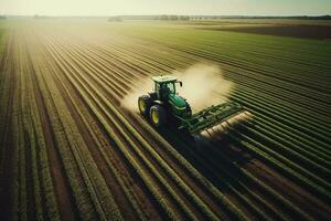 AI generated Harvester machine working in field . Combine harvester agriculture machine harvesting golden ripe wheat field. Agriculture. Aerial view. From above. photo