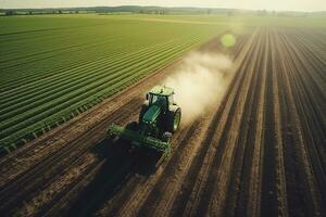 AI generated Harvester machine working in field . Combine harvester agriculture machine harvesting golden ripe wheat field. Agriculture. Aerial view. From above. photo