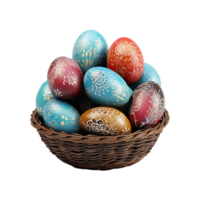 ai generado Pascua de Resurrección huevos en un cesta aislado en transparente antecedentes png