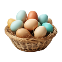 ai generado Pascua de Resurrección huevos en un cesta aislado en transparente antecedentes png