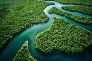 AI generated drone aerial birds eye view of a large green grass forest with tall trees and a big blue bendy river flowing through the forest photo