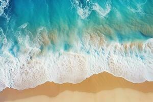 ai generado parte superior ver aéreo imagen desde zumbido de un maravilloso hermosa mar paisaje playa con turquesa agua con Copiar espacio foto