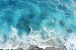 ai generado parte superior ver aéreo imagen desde zumbido de un maravilloso hermosa mar paisaje playa con turquesa agua con Copiar espacio foto