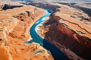 AI generated aerial birds eye view of a large and tall mountains and a big blue bendy river flowing through the mountains photo