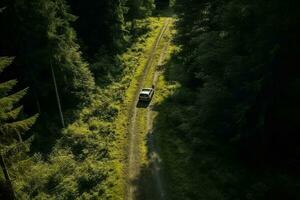 AI generated Aerial top view rural road in the forest, dirt road or mud road and rain forest, Aerial view road in nature, Ecosystem and healthy environment photo