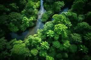 ai generado zumbido aéreo aves ojo ver de un grande verde césped bosque con alto arboles y un grande azul flexible río fluido mediante el bosque foto