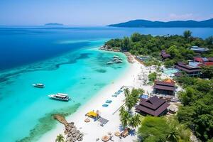 AI generated Aerial view of the long tail boats on tropical sea Freedom beach photo