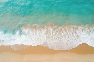 ai generado parte superior ver aéreo imagen desde zumbido de un maravilloso hermosa mar paisaje playa con turquesa agua con Copiar espacio foto