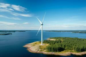 ai generado molino parque en el océano, zumbido aéreo ver de molino turbinas generando verde energía eléctrico, molinos de viento aislado a mar foto