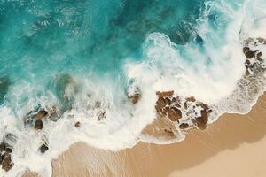 AI generated Top view aerial image from drone of an stunning beautiful sea landscape beach with turquoise water with copy space photo