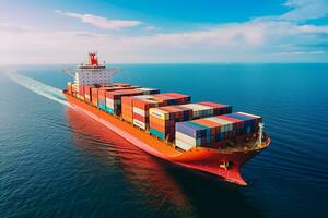 AI generated Aerial top down view of a large container cargo ship in motion over open ocean with copy space photo
