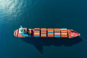 AI generated Aerial top down view of a large container cargo ship in motion over open ocean with copy space photo