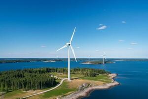 AI generated Windmill park in the ocean, drone aerial view of windmill turbines generating green energy electric, windmills isolated at sea photo