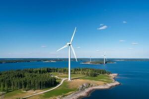 ai generado molino parque en el océano, zumbido aéreo ver de molino turbinas generando verde energía eléctrico, molinos de viento aislado a mar foto