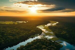 AI generated drone aerial birds eye view of a large green grass forest with tall trees and a big blue bendy river flowing through the forest photo