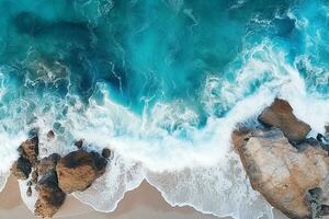 AI generated Top view aerial image from drone of an stunning beautiful sea landscape beach with turquoise water with copy space photo