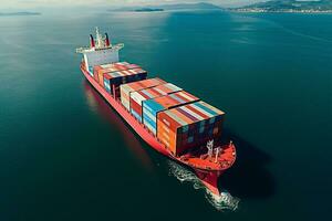 AI generated Aerial top down view of a large container cargo ship in motion over open ocean with copy space photo