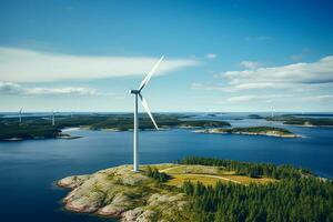 ai generado molino parque en el océano, zumbido aéreo ver de molino turbinas generando verde energía eléctrico, molinos de viento aislado a mar foto