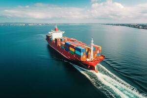 AI generated Aerial top down view of a large container cargo ship in motion over open ocean with copy space photo