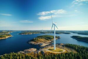 ai generado molino parque en el océano, zumbido aéreo ver de molino turbinas generando verde energía eléctrico, molinos de viento aislado a mar foto