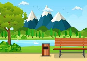 Summer, spring day park vector illustration. Wooden bench, trash bin and street lamp in park trail with lush green trees, bushes and mountains in the background. Vector illustration in flat style