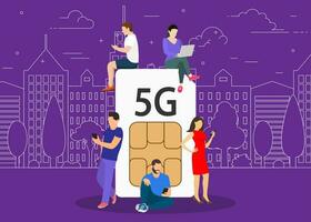 5g tecnología concepto. lata utilizar para web bandera, infografía. redes personas concepto hombres y mujer utilizando alto velocidad inalámbrico conexión 5g vector ilustración en plano estilo