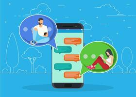 happy people use mobile smartphonefor chatting in social media, for, landing page, template, ui, web, mobile app, poster, banner, flyer. Vector illustration in flat style