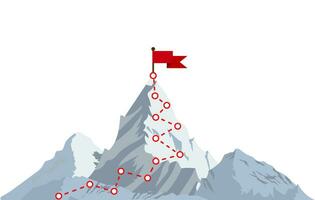 Mountain climbing route to peak. Top of the mountain with red flag. Business success concept. Vector illustration in flat style