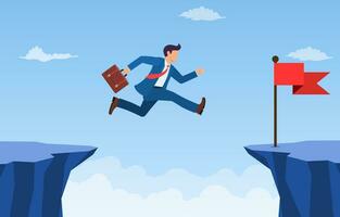 businessman jumped over the cliff to the red flag.Concept of business risk and success. Crossing obstacles to goals. Business competition and leadership. Vector illustration in flat style.