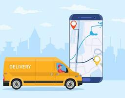 Online delivery service concept, online order tracking, delivery home and office. truck van courier. Online pizza order. goods shipping, food online ordering. Vector illustration in flat style