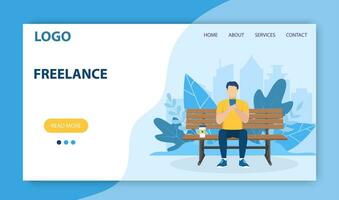 Freelance work landing page template. Concept design for poster, banner, flyer, web page. man using phone sitting on the bench in nature with crossed legs. Vector illustration in flat style