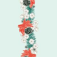 Poinsettia, cotton, pine branch, pine cones. Vertical seamless border. Vector illustration. Decor for sale banners, cards, invitations, labels.