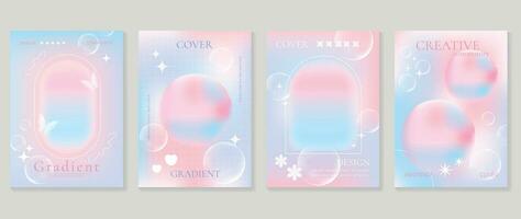 Aesthetic poster design set. Cute gradient holographic background vector with gradient mesh, butterfly, geometric shape. Beauty ideal design for social media, cosmetic product, promote, banner, ads.