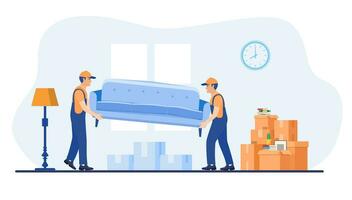 Concept moving house. Men in overalls taking boxes and furniture out of apartment. Moving with boxes to new home. Pile of stacked cardboard boxes. Vector illustration in flat style