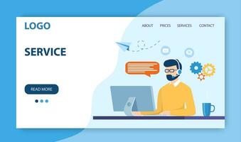 Customer service landing page. man with headset is sitting at his computer. Client assistance, call center, hotline operator, consultant manager. technical support. Vector illustration in flat style