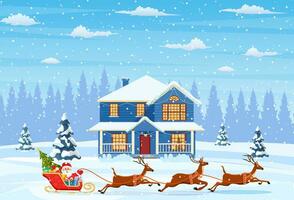 A house in a snowy Christmas landscape. Santa Claus on a sleigh. concept for greeting or postal card. Merry christmas holiday. New year and xmas celebration vector