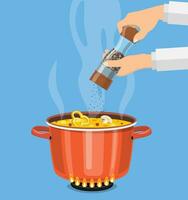 Chef cook with pepper mill and boiling pot. Pan on the fire, a pot of soup, cooking soup. Vector illustration in flat style.