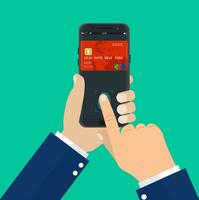 Payment app, bank card on smartphone screen. vector