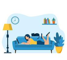 girl with laptop lying on sofa. Freelance or studying concept. web page design template for online education, training and courses, learning, video tutorials. Vector illustration in flat style