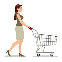 Young woman pushing supermarket shopping cart. isolated on white background. Vector illustration in flat style