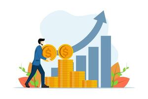 Successful investment concept, successful business person holding coins on a rising graph. success, ideas, growth, international business and strategy. flat vector illustration on white background.