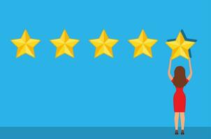 Customer giving five star rating. User feedback review scroll. Star rating. Feedback concept. Evaluation system. Positive review. Vector illustration in flat style