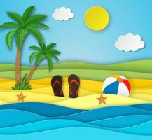 mar paisaje con playa, ondas, nubes, chancletas zapato. papel cortar fuera digital arte estilo. resumen azul mar y playa verano antecedentes con papel olas y litoral. vector ilustración