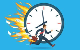 Businessman running and hurry up. businessman running with falling papers from briefcase time management deadline concept vector