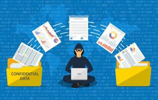 Data phishing, hacker attack.Thief hacker in mask stealing personal information from laptop. Concept hacking. Vector illustration in flat style