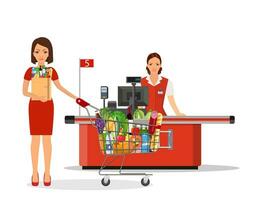 personas compras en supermercado. mujer cajero en supermercado. efectivo registro, cajero y comprador con carro. vector ilustración en plano estilo