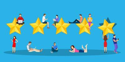 User giving five star rating. feedback review scroll. Star rating. Feedback concept. Evaluation system. Positive review vector